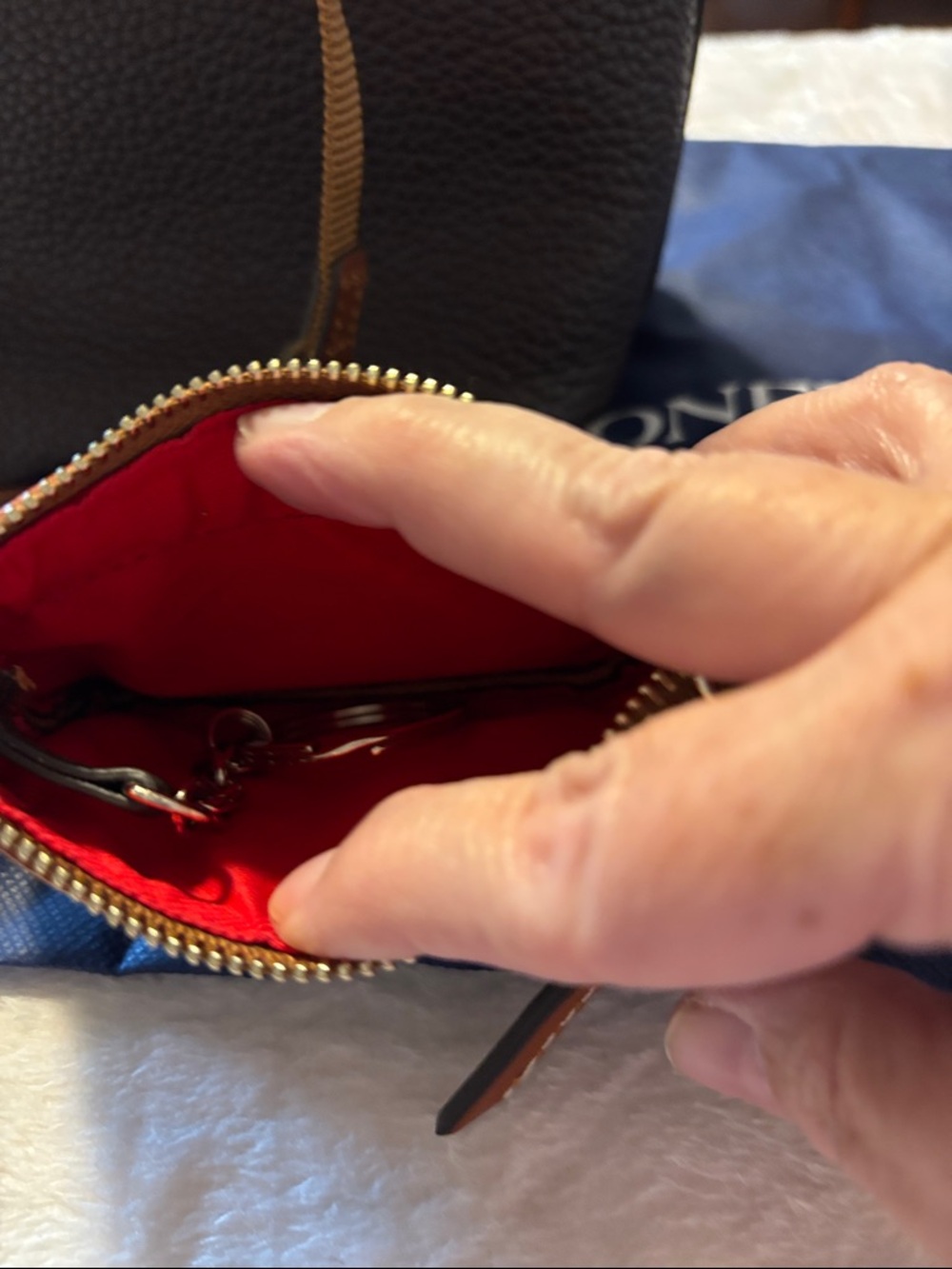 Dooney & Bourke Black Pebbled Leather Bucket Bag with Brown Trim and Coin Pouch - Picture 10 of 11